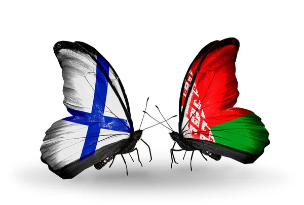 Butterflies with Finland and Belarus flags on wings — Stock Photo, Image