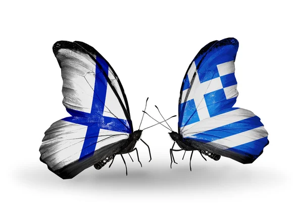 Butterflies with Finland and Greece flags on wings — Stock Photo, Image