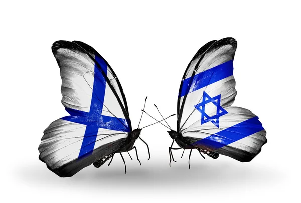 Borboletas com bandeiras da Finlândia e Israel em asas — Fotografia de Stock