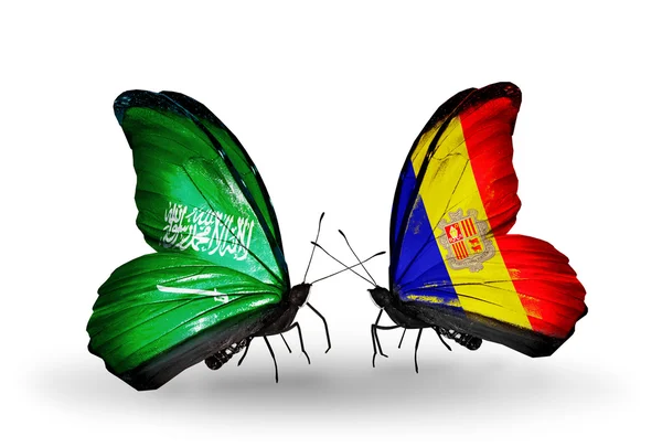 Butterflies with Saudi Arabia and Andorra flags on wings — Stock Photo, Image
