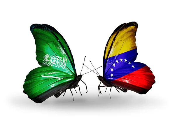 Papillons avec des drapeaux saoudiens et vénézuéliens sur les ailes — Photo