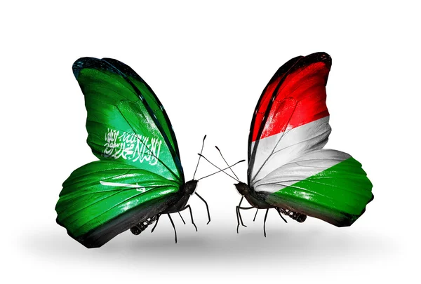 Motýli se Saúdskou Arábií a Maďarsko vlajek na křídlech — ストック写真