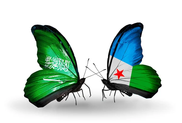 Butterflies with Saudi Arabia and Djibouti flags on wings — Stock Photo, Image