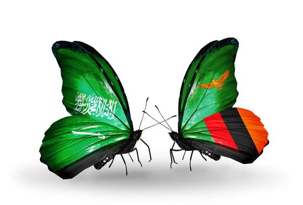 Butterflies with Saudi Arabia and Zambia flags on wings — Stock Photo, Image