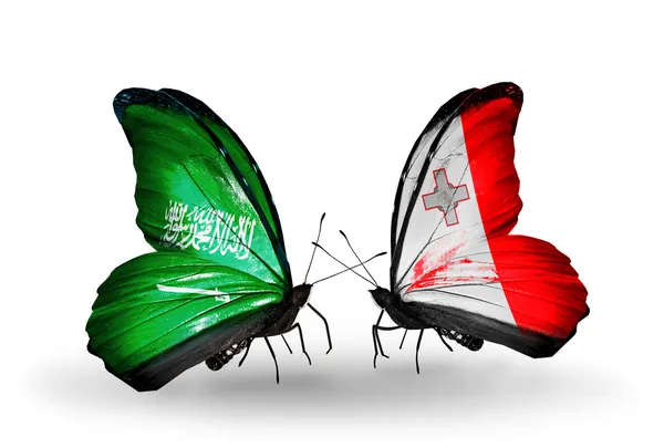 Borboletas com bandeiras da Arábia Saudita e Malta em asas — Fotografia de Stock