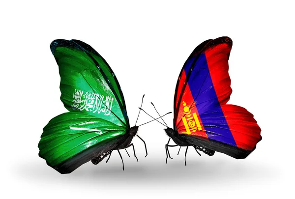 Mariposas con banderas de Arabia Saudita y Mongolia en alas — Foto de Stock