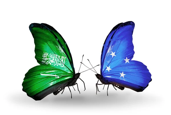Farfalle con bandiere dell'Arabia Saudita e della Micronesia sulle ali — Foto Stock