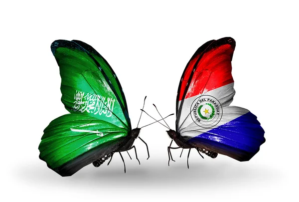 Mariposas con banderas de Arabia Saudita y Paraguay en alas — Foto de Stock