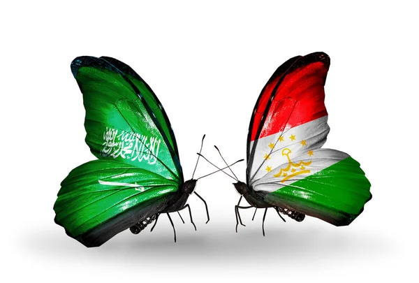 Mariposas con banderas de Arabia Saudita y Tayikistán en alas —  Fotos de Stock
