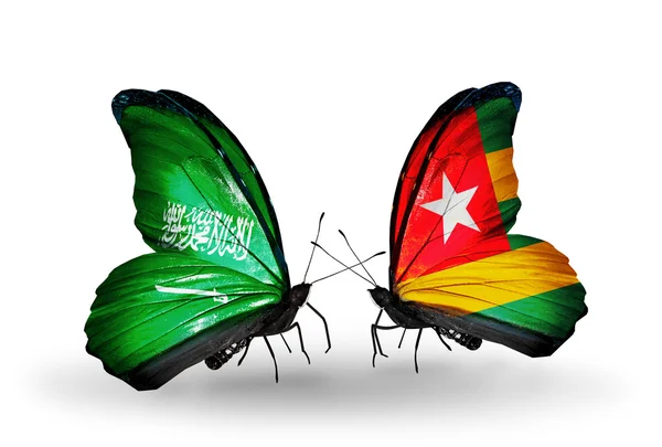 Butterflies with Saudi Arabia and Togo flags on wings — Stock Photo, Image