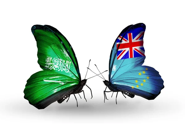 Butterflies with Saudi Arabia and Tuvalu flags on wings — Stock Photo, Image