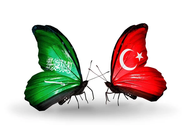 Butterflies with Saudi Arabia and Turkey flags on wings — Stock Photo, Image