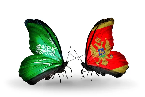 Motýli se Saúdskou Arábií a Černá Hora vlajek na křídlech — Stock fotografie