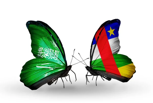 Farfalle con bandiere dell'Arabia Saudita e della Repubblica Centrafricana sulle ali — Foto Stock