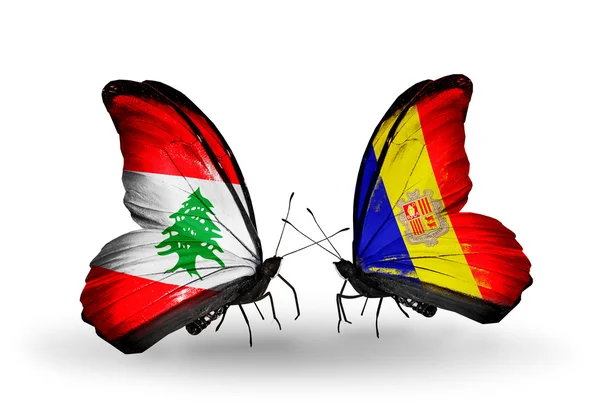 Papillons avec drapeaux Liban et Andorre sur les ailes — Photo