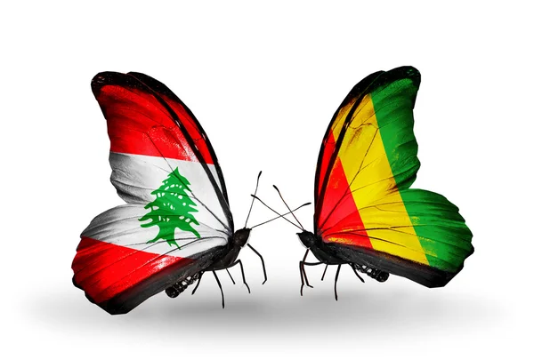 Butterflies with Lebanon and Guinea flags on wings — Stock Photo, Image