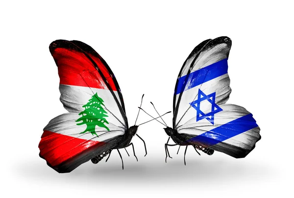 Borboletas com bandeiras do Líbano e Israel em asas — Fotografia de Stock