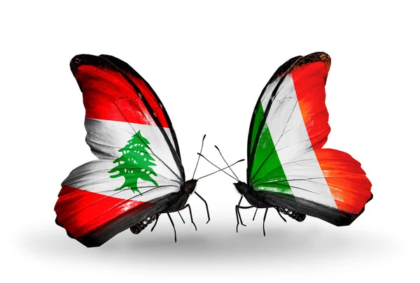 Papillons avec drapeaux Liban et Irlande sur les ailes — Photo