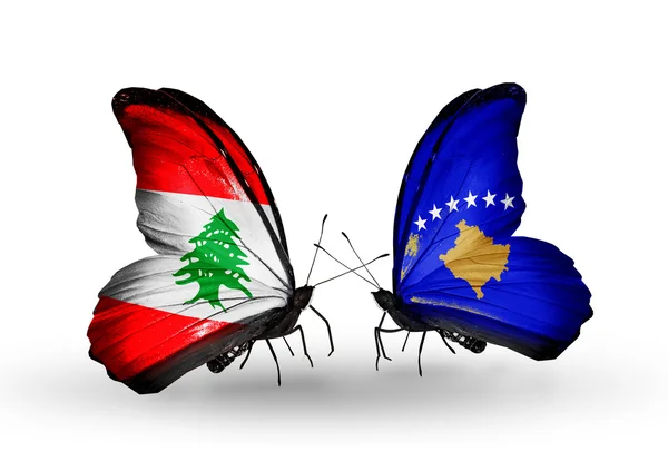 蝶翼にレバノンやコソボの旗 — ストック写真