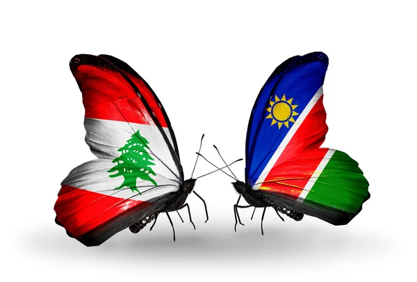 Papillons avec des drapeaux du Liban et de Namibie sur les ailes — Photo