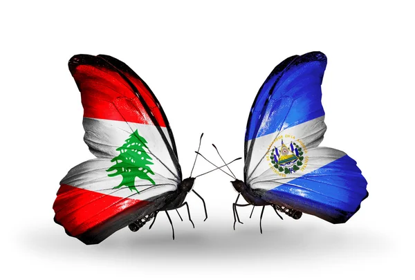 Papillons avec drapeaux Liban et Salvador sur les ailes — Photo