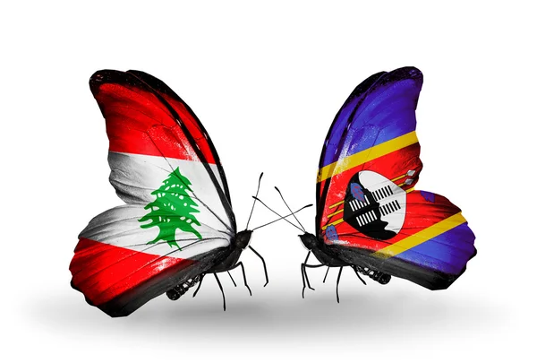Motýli s Libanonem a Svazijska vlajky na křídlech — Stock fotografie
