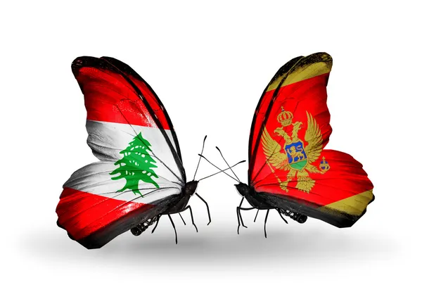 Motyle z Libanu i Czarnogóra flagi na skrzydłach — Zdjęcie stockowe
