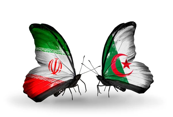 Две бабочки с флагами отношений Иран и Алжир — стоковое фото