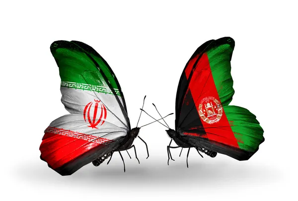 Deux papillons avec des drapeaux de relations Iran et Afghanistan — Photo