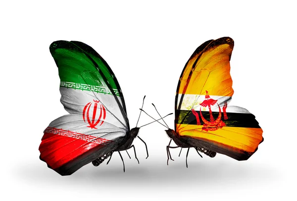 Dwa motyle z flagami stosunki iran i brunei — Zdjęcie stockowe