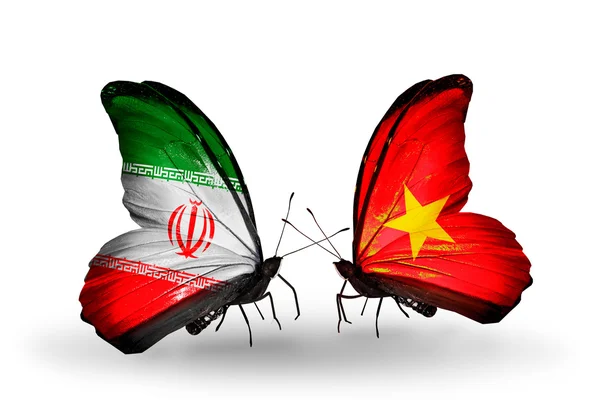 Due farfalle con bandiere di relazioni Iran e Vietnam — Foto Stock