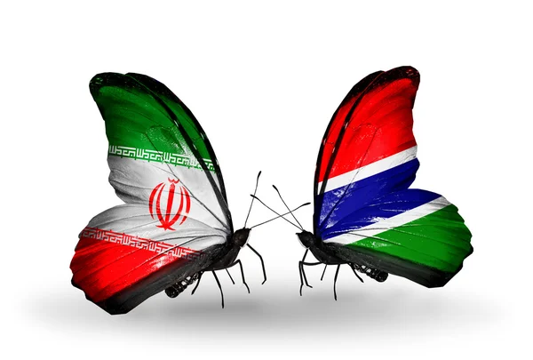 Två fjärilar med flaggor av förbindelserna mellan iran och gambia — Stockfoto