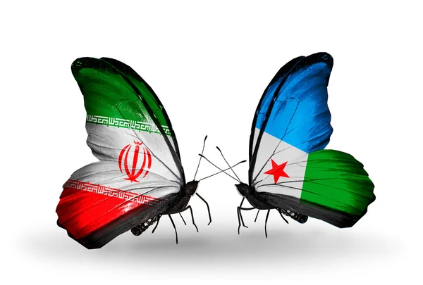 Deux papillons avec des drapeaux de relations Iran et Djibouti — Photo