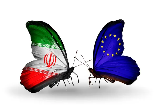 Две бабочки с флагами отношений Иран и Европейский Союз — стоковое фото