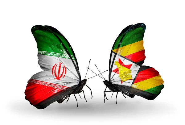 Deux papillons avec des drapeaux de relations Iran et Zimbabwe — Photo