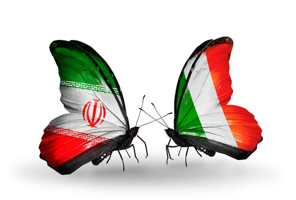 Dva motýli s vlajkami vztahů, Írán a Irsko — Stock fotografie