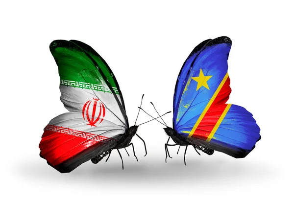 Zwei Schmetterlinge mit Fahnen der Beziehungen iran und kongo — Stockfoto