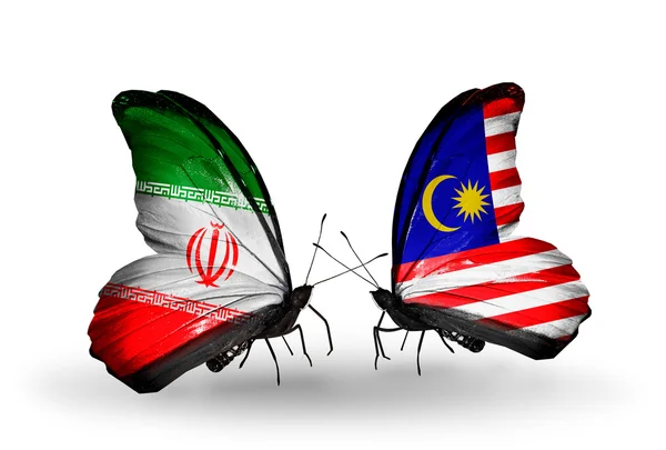 Papillons avec drapeaux Iran et Malaisie sur les ailes — Photo