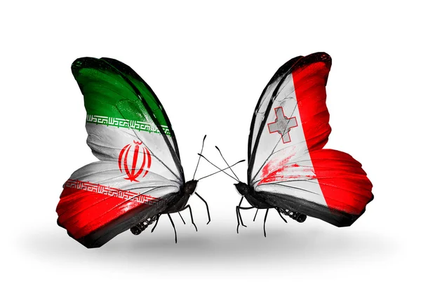 Butterflies with flags of Iran and Malta — Stock Photo, Image