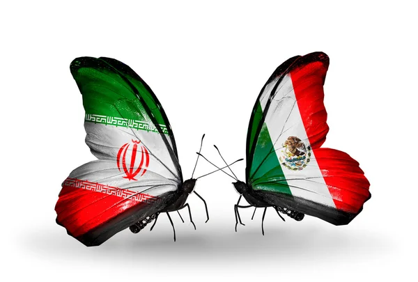 Farfalle con bandiere dell'Iran e del Messico — Foto Stock