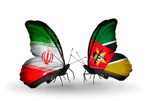 Butterflies with flags of Iran and Mozambique — Stock Photo, Image