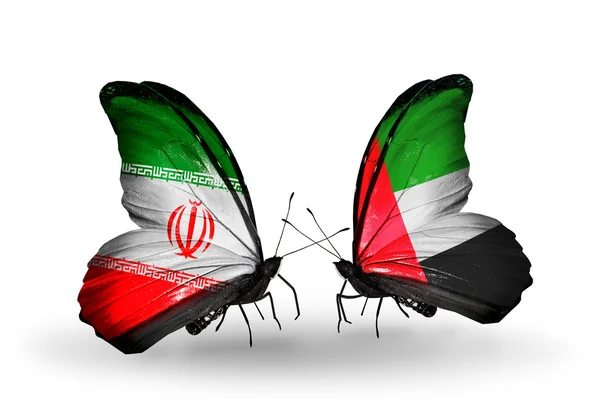 Mariposas con banderas de Irán y Emiratos Árabes Unidos — Foto de Stock