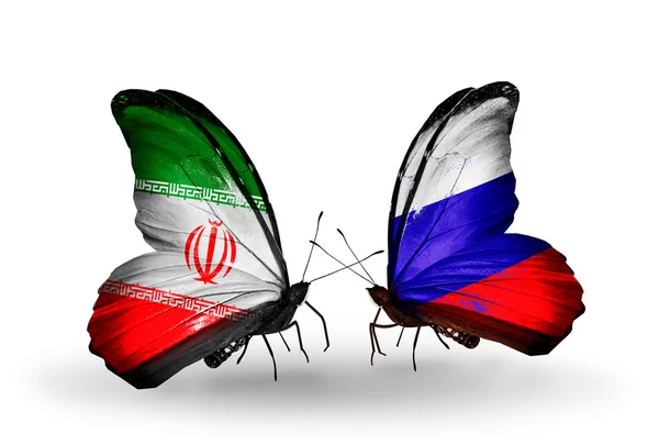 Papillons avec des drapeaux de l'Iran et de la Russie — Photo