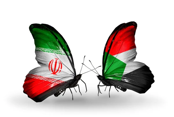 Borboletas com bandeiras do Irã e Sudão — Fotografia de Stock