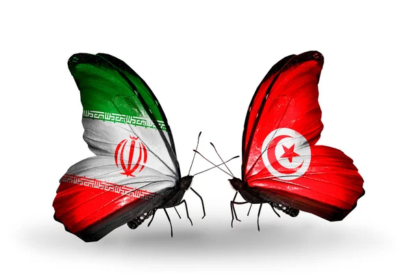 Motyle z flagami Iranu i Tunezja — Zdjęcie stockowe