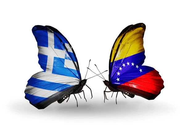 Farfalle con bandiere di Grecia e Venezuela — Foto Stock