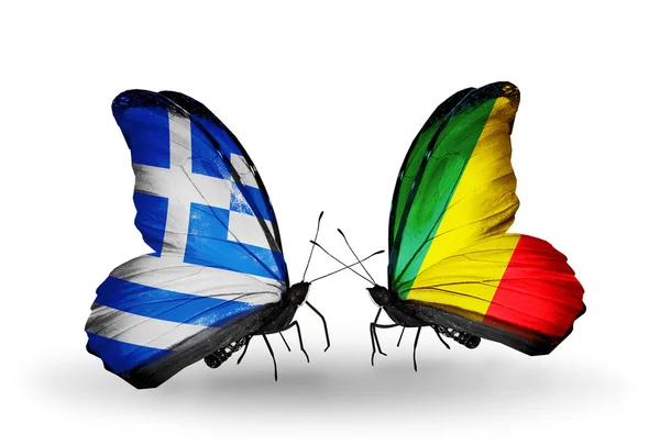 Two butterflies with flags of relations Greece and Kongo — Stock Photo, Image