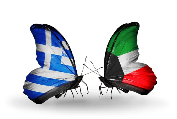 Two butterflies with flags of relations Greece and Kuwait — Stock Photo, Image