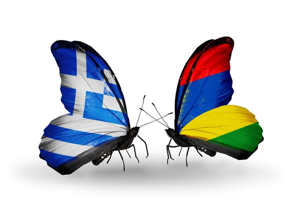 Two butterflies with flags of relations  Greece and Mauritius — Stock Photo, Image