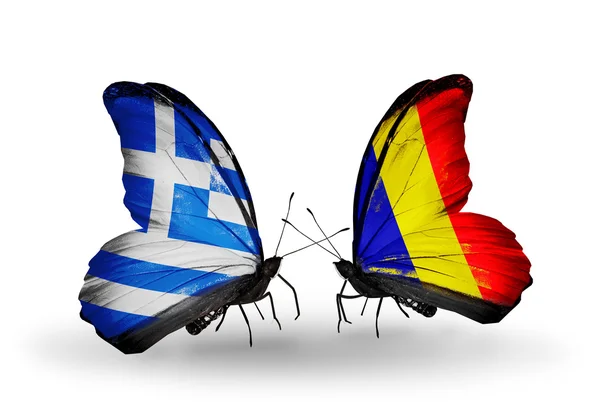 Two butterflies with flags of relations Greece and Chad, Romania — Stock Photo, Image